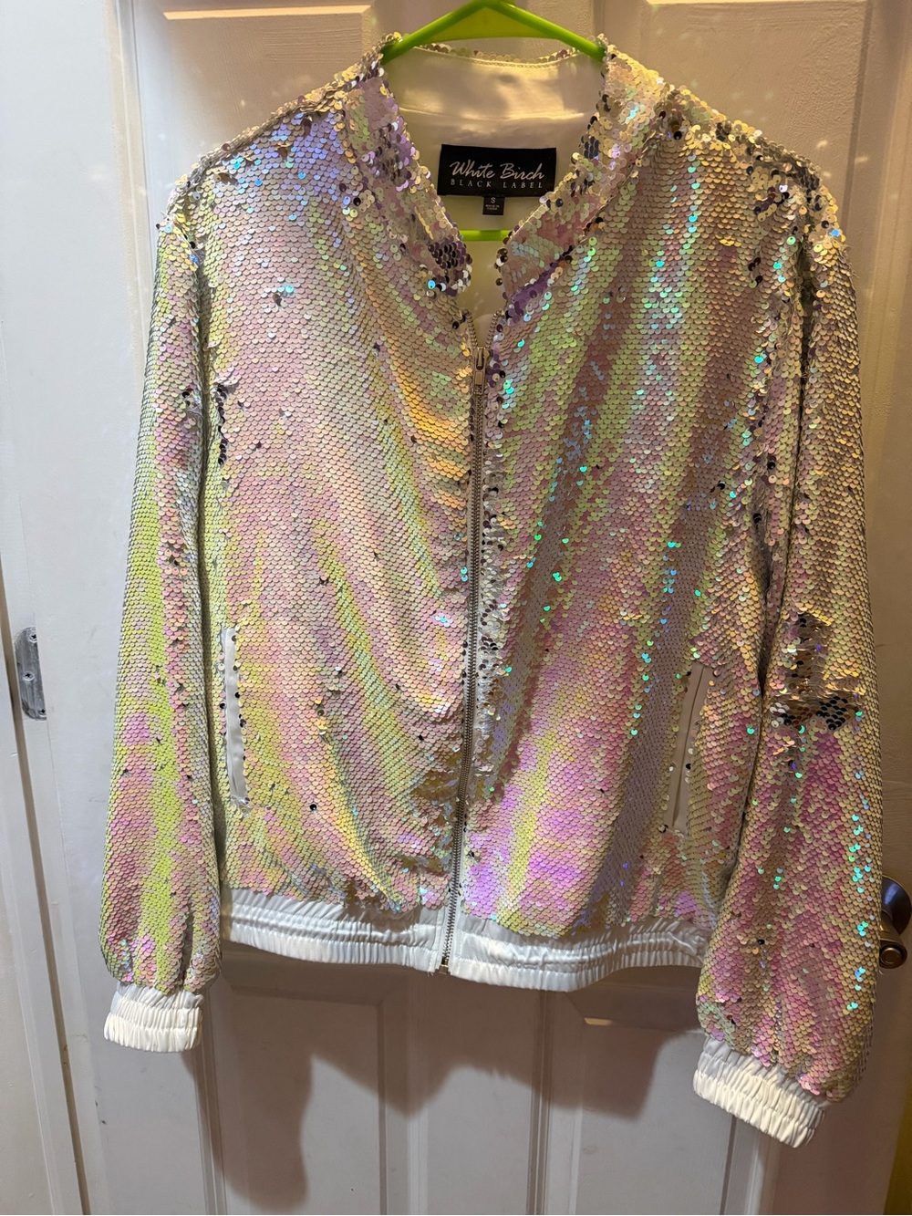 white birch Iridescent Sequin Bomber Jacket in Pink and Gold Sheen NEWOT